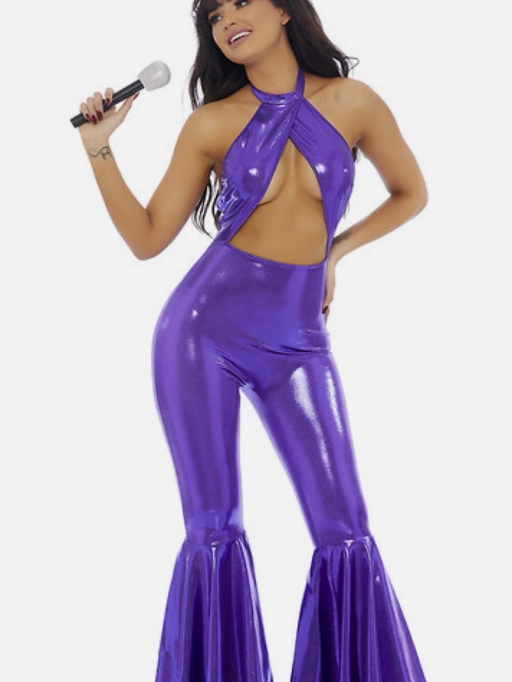 Forplay Selena Metallic Purple Halter Cutout Flare Jumpsuit S/M